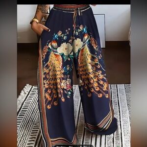 Peacock Print Wide Leg Pants, Retro Drawstring Long Length Palazzo Pants